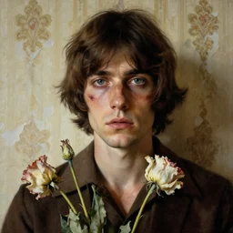 a beautiful and eerie baroque painting of a beautiful but serious man, with haunted eyes and freckles, 1 9 7 0 s, seventies, peeling wallpaper, wilted flowers, morning light showing injuries, delicate ex embellishments, painterly, offset printing technique