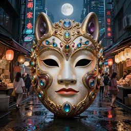 hyper realistic Princess Mononoke ornate mask, wet market street, cyberpunk metropolis, city landscape, jewels, full body pose, full moon, style of tom bagshaw, mucha, james gurney, norman rockwell, denoised, sharp