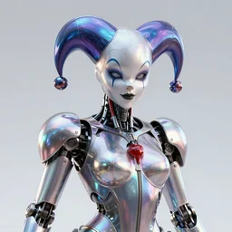 front shot of a court jester!!!! character, by artgerm greg rutkowski gustave dore, octane render, polished, glossy, holographic metallic, bionic futurism, galactic robotic cyborg, 8 5 mm f 1. 8 lit edges, ominous elegant luminous intricate quartz highly detailed spike, electric shards, artstation sharp focus ray tracing cinematic masterpiece fine portrait
