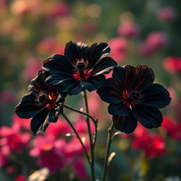 hyper realistic black flowers, beaultiful garden background, vibrant colors, bokeh, illustrated by greg rutkowski, beautiful volumetric lighting, intricate, ultra detailed, photorealistic, trending on artstation, octane render, 8 k