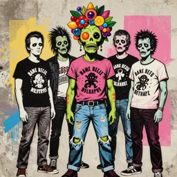 portrait of a zombie punk rock band, t - shirt, ripped jeans, head made of fruit gems and flowers in the style of arcimboldo, basil wolverton, philip taaffe, cartoonish graphic style, street art, silkscreen pop art, punk graphics, photocopy