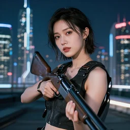 photographic portrait of a techwear woman holding a shotgun, closeup, on the rooftop of a futuristic city at night, sigma 85mm f/1.4, 4k, depth of field, high resolution, 4k, 8k, hd, full color