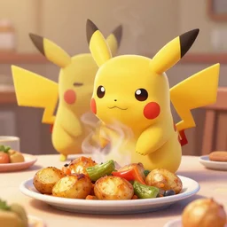 roasted pikachu on a table with roast potatoes and vegetables, steaming food, celebration dinner