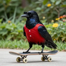 a photo of a skateboarding crow wearing sunglasses and a red shirt in a garden