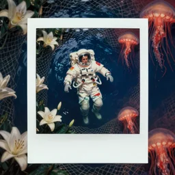 male astronaut drowning to the deep of dark blue water covered in cloth and mesh and net, Surrounded by lilies, jellyfish. camera obscure. Polaroid, vintage, infrared photography, super detailed and realistic, photorealistic, 8k, center of the frame, redshift, by charlie bowater and andrei tarkovsky, oil canvas painting