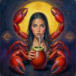 portrait of scorpion holding a yerba mate gourd with metal straw by mandy jurgens, cartoon, oil painting, visionary art, symmetric, magic symbols, holy halo, dramatic ambient lighting, high detail, vibrant colors