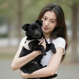 a young woman holding a black dog