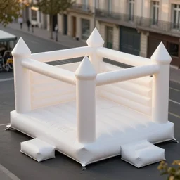 huge white adult bouncy castle playground on the paris streetr parts by cj hendry, parts by shih chieh huang, parts by anish kapoor, warm soft light, bird view, telephoto lens, shallow depth of field realistic, 8 k, hyperrealism, subsurface scattering, raytracing