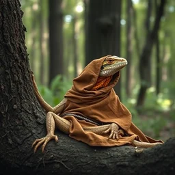 lizard human nomad resting against a tree wearing a medieval cloak, photograph captured in the woods