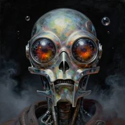 a neoclassicist close - up portrait of a big - eyed mf doom reptile eyes cyberdroid, with bug eyes cloaked in metal with glowing bubbles, reflective alien technology, foggy black background with dark puffy glowing clouds. highly detailed science fiction painting by norman rockwell, frank frazetta, syd mead and moebius. rich colors, high contrast, gloomy atmosphere, dark background.