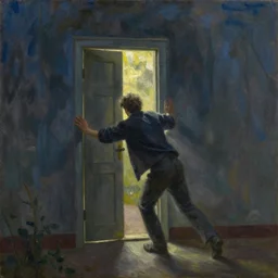a gust of night pushed its way in the door, by jack gaughan, oil on canvas