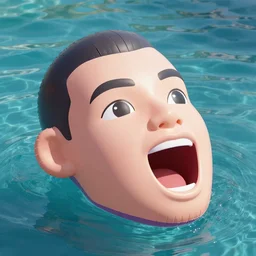 a giant inflatable pool toy human head with open mouth on realistic water, long shot, hyper detailed, hyper realistic, ray tracing, 8 k resolution, sharp focus, realistic water, award winning