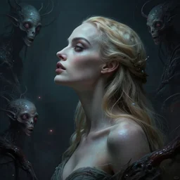 side portrait of extraterrestrial margot robbie, looking upward, fantasy artwork, digital art, ethereal, gothic, macabre, grotesque, beautiful, lovecraftian cosmic entities, upper body, side profile, volumetric lighting, creepypasta, grotesque