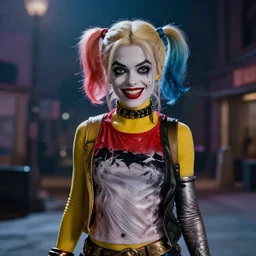 still image of harley quinn from the simpsons in the dark knight, cinematic, anamorphic, 8 0 mm f / 2. 8 l, 3 5 mm film, movie