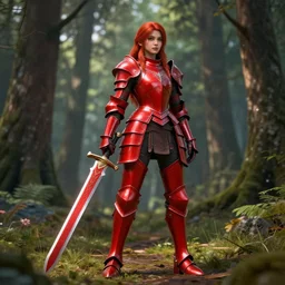 a girl with long red hair wearing a red plate armor and holding a big red sword in a forest, 3d render, octane render, unreal engine 5, 8k hdr, hyperrealistic, highly detailed, high quality, concept art, trending on Artstation, full-body armor