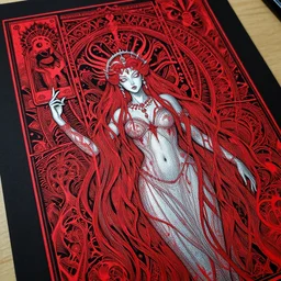 detailed mighty liar goddess, by hokusai and james gurney + black paper with intricate and vibrant red line work + tarot card + mandelbulb fractal + full of silver layers + portrait + trending on artstation + incredible red and black gothic illustration + exquisite detail
