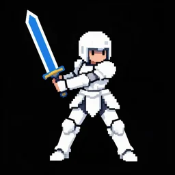 a pixel single sprite of a girl holding a blue sword, in white futuristic armor, black background, pixel art, isometric view, 1 6 px x 1 6 px, 2 d game art, 1 6 bit, dynamic pose, # pixelart