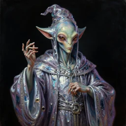 a baroque portrait painting of an alien wizard dripping in liquid mercury. iridescent colors, black background. highly detailed science fiction painting by norman rockwell, moebius, frank frazetta, and syd mead. rich colors, high contrast. artstation