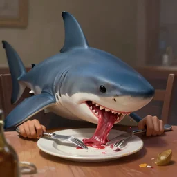 a shark is eating luch at a table, with a fork and knife. volumetric lighting, detailed painting, fantasy, character concept art