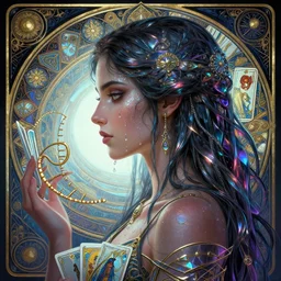 altered carbon, Maya Ali as a sorceress, side view, tarot, sweat drops, fibonacci, insane, prismatic, intricate, highly detailed, digital painting, artstation, concept art, smooth, sharp focus, illustration, Unreal Engine 5, 8K, art by artgerm and greg rutkowski and alphonse mucha