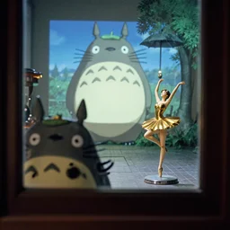 fuji 5 0 r, 3 5 mm, hyperrealism ; closeup ran film still of courtyard interior with window view ; in the background projection of beautiful totoro film still of seinen manga gold funko pop ballerina statue scene ; style of 1 9 9 0 frontier in extreme closeup porcelain photography magazine architectural studio edition, highly detailed, cinematic lighting, 8 k