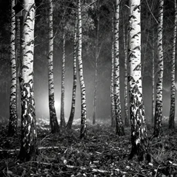 a movie still by tarkovsky of a birch forest in staggered rows by night, cinestill 8 0 0 t 3 5 mm b & w, heavy grain, high quality, noir, natural textures, photorealistic, natural textures, ambient occlusion, hd, fog, mud, criterion collection