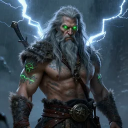 an older half - orc shaman with long wiry grey hair, glowing green eyes, glowing tattoos, lightning in background, rainy background, character concept art, artstation, digital art