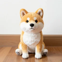 a plush toy Shiba Inu dog sitting on a wooden floor against a white wall