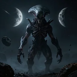 alien planet, alien monster, large lovecraftian monster extra terrestrial, dark, moody, 3 moons, night sky shot, asteroids and meteor shower, 8 k, 4 k, unreal, high octane render