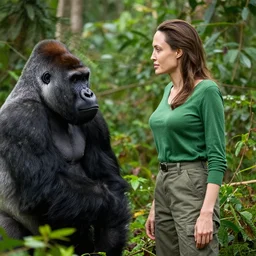 angelina jolie wearing a green long sleeved shirt and cargo pants, encounters wild gorillas in the forests of the congo, photographed in the style of national geographic