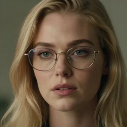 the most beautiful blonde woman in the world wearing curved glasses, hyper realistic face, cinematic, close - up, hyper detailed, 8 5 mm photograph, 8 k resolution, film still, sharp lens, wide lens