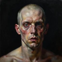 oil painting with black background by christian rex van minnen robert williams todd schorr of a portrait of an extremely bizarre disturbing mutated man with acne intense chiaroscuro lighting perfect composition masterpiece