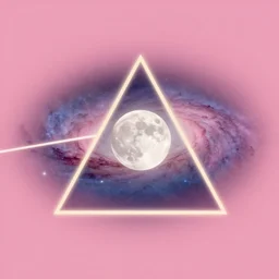centered, light line triangle in the middle of the galaxy with a full moon inscripted inside, pink floyd, hyperrealism