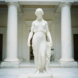 full body translucent marble statue of a young woman wearing an billowing dress, inside a white marble temple with colums, in the style of irakli nadar, soft lighting, film photography, high detail