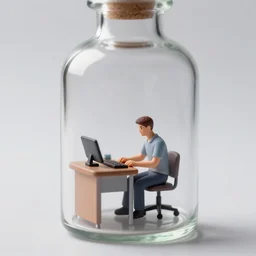 a tiny realistic proportioned man sitting at his work desk inside a glass bottle. sharp focus, photography, unreal engine, trending on artstation, photorealistic, octane, trending on deviantart, unreal engine