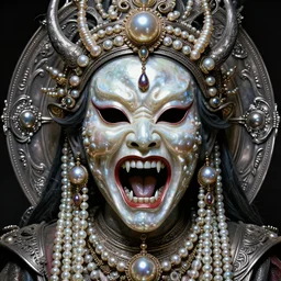 hyperrealism, detailed textures, award winning autochrome photo, symetrical japanese pearl, old screaming voodoo pearl priest, autochrome pearl portrait, pearl silverplate, intricate, detailed facial pearl scary animal mask, pearl, golden jewelery, silverplate, ultra realistic, cinematic, intricate, cinematic light by steve mccurry, unreal engine 8 k