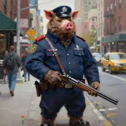 highly detailed painting of a humanoid half bear half man pig creature in a copy uniform, shotgun in hand, streets of nyc, by william turner, by greg rutkowski, by william constable, thick brush strokes and visible paint layers, 4 k resolution