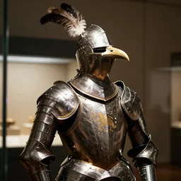 A film still of a knight’s armor in a museum. The armor is black with gold accents, it has crows feathers attached as accents. The helmet is in the shape of an ornate crow’s head.