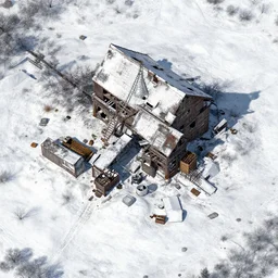 sattelite image of post pocaliptic snow from 250 meters height, old lumber mill remains, few crates with wood and supply, beautiful icy area