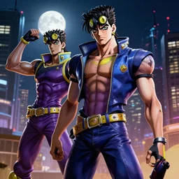 cyberpunk dio brando with stand za warudo from jojo's bizarre adventure, in a cityscape at night with a full moon, realistic, detailed, intricate, 4 k hd, high resolution, octane render