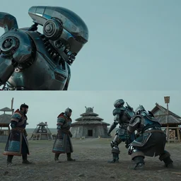 vfx film closeup, futuristic mongolian warriors, sci - fi mongolian village, robot stand - off, flat color profile low - key lighting award winning photography arri alexa cinematography, hyper real photorealistic cinematic, atmospheric cool colorgrade