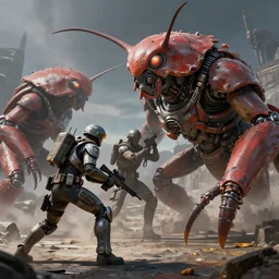 two futuristic soldiers fighting giant bugs, concept art