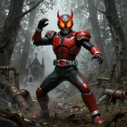 character portrait of a snarling humanoid demonic monster kamen rider with fire eyes and a glowing mouth doing a henshin pose standing in a misty forest, matte painting, dramatic lighting, 8 k, rubber suit, digital painting, concept art, muted colors, red colors, moody colors, rusted walls, broken pipes, church cathedral, in the style of frank frazetta and john singer sargent