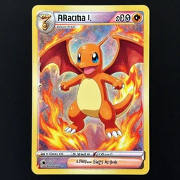 high intricate glimmering pokemon card!!!!! of one charmander!!!!!!! surrounded by fire!!!, neil gaiman, ( ( alejandro mirabal ) ), ( ( cory loftis ) ), patryk stefaniak, rebecca hu!!, ben mauro, logan preshaw!!, trending on artstation