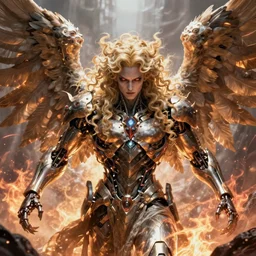 digital art of a pale menacing male Cyborg Angel of Battle with long blond curls of hair and piercing eyes, johan liebert mixed with Dante, central composition, he commands the fiery power of resonance and wrath, very very long blond curly hair with bangs!!!, baroque curls, by James Gurney and Seb mckinnon and WLOP, Artstation, CGsociety