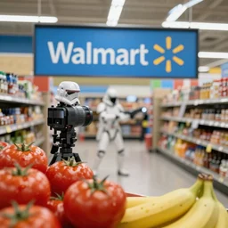 Walmart Grocery Store Inside, Cam view, star wars ground battle in the store, using tomatoes, banana as weapons, 40nm lens, shallow depth of field, split lighting, 4k,
