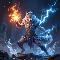 magic wolf sorcerer casting a powerful arcane magic spell, fire, ice, lightning, fantasy, occult, majestic pose, dramatic lighting, cinematic scene, frank frazetta, visually stunning, sharp focus, highly detailed, colorful, trending on artstation, cgsociety, artgerm