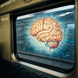 fuji 5 0 r, 3 5 mm ; closeup seinen manga film still of shinkansen interior with leather seat side window view like ; in the background projection of beautiful hyperrealistic film still from nepal movie of wired devanagari brain map scene matte painting in style of 1 9 9 0 frontier in porcelain 3 5 mm photography magazine architectural studio edition, highly detailed, cinematic lighting, 8 k