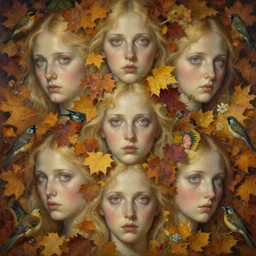 breathtaking detailed concept art painting pattern of blonde faces goddesses amalgamation autumn leaves with anxious piercing eyes and blend of flowers and birds, by hsiao - ron cheng and john james audubon, bizarre compositions, exquisite detail, extremely moody lighting, 8 k