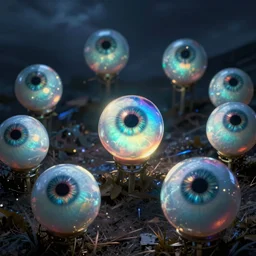 swarm of glowing iridescent eyeballs